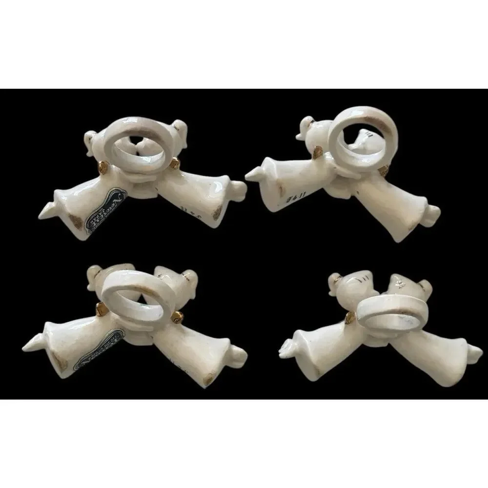 Set Of 4 Kissing Angels Candle Ornament Off White & Gold Pottery Vintage Taper